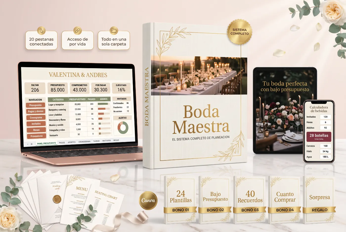 Boda Maestra, el sistema completo: planificador, plantillas, libro, calculadora y el obsequio